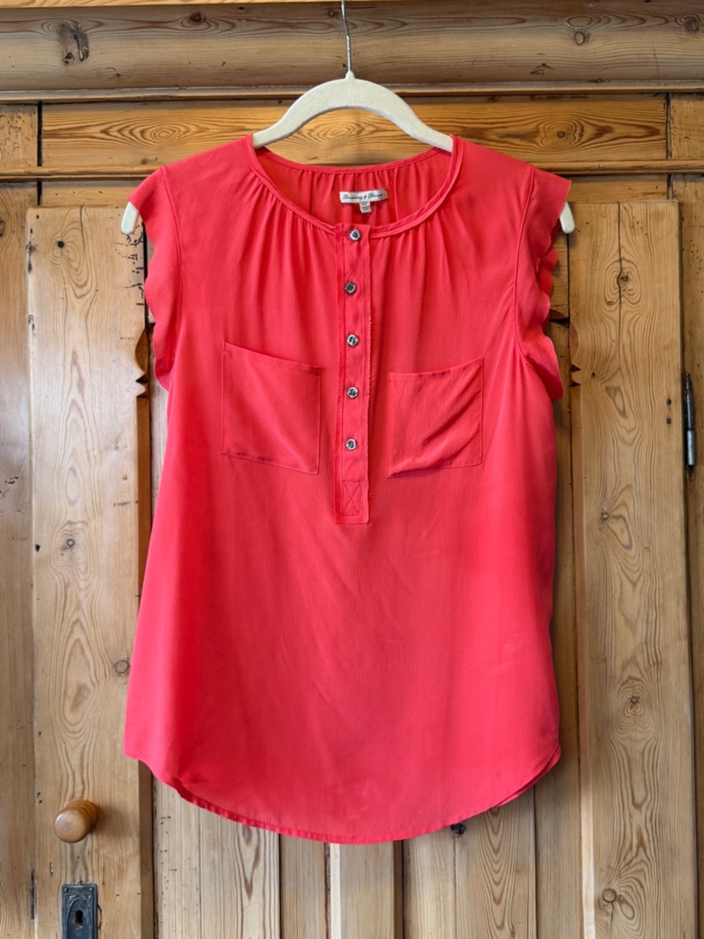 Madewell Silk Broadway & Broome Coral-Red Women's Button Front Silk Henley Top - Picture 7 of 13